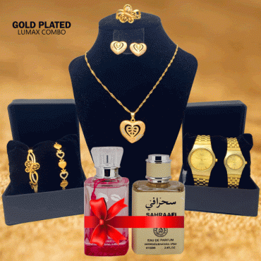 Combo Offer, Milano Fashionable Gold Plated Crystal Stone Necklace Set, Crystal Stone Bangles, Crystal Stone Ring Crystal Stone Bracelet With Stylish Analog Pair Watch, Evershine Pour Home Hot Collection Perfume, LX50
