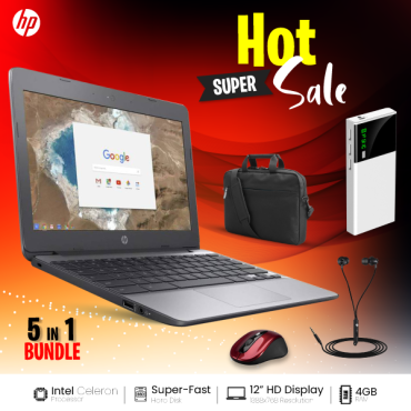 5 In 1 Bundle Offer, HP G5 Chromebook, 4GB Ram, With Play Store, Laptop Bag, Power Bank, Mouse, Headset, HG5