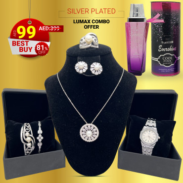 Combo Offer, Milano Fashionable Silver Plated Crystal Stone Necklace Set, Crystal Stone Bangles, Crystal Stone Ring Crystal Stone Bracelet With Stylish Analog Watch, Evershine Pour Home Hot Collection Perfume, LX44