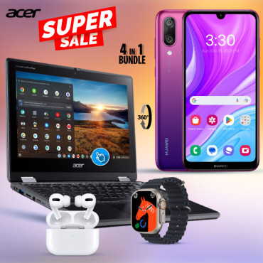 4 In 1 Combo Limited Offer, Huawei Y7Pro, 4GB, 128 GB,Dual Sim, Dual Cam,6.26 Inch, Acer Chromebook, 4GB Ram, Play Store, 360° Touchscreen, With I7 Plus Smart Watch, Ear 3 Wireless Bluetooth Dual Earpods, AC100