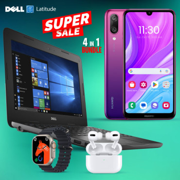 4 In 1 Combo Limited Offer, Huawei Y7Pro, 4GB, 128 GB,Dual Sim, Dual Cam,6.26 InchDell Latitude 3180 Laptop 4GB, 64GB, Windows 10, With I7 Plus Smart Watch, Ear 3 Wireless Bluetooth Dual Earpods, DL200