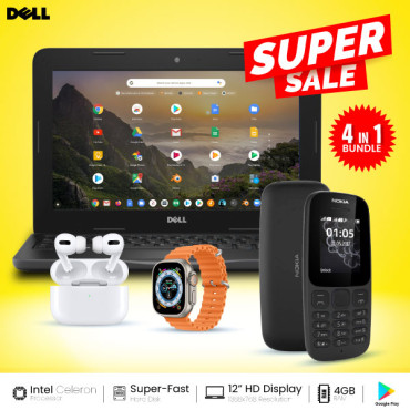 4 In 1 Bundle Offer, Dell Chromebook, 4GB Ram, With Play Store, Nokia 105, Series Plus Smart Watch, Ear 3 Wireless Bluetooth Dual Earpods, 3180