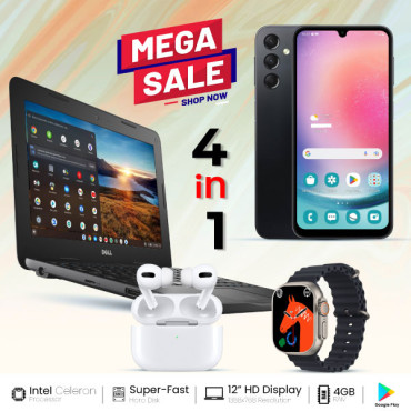 6 In 1 Bundle Offer, Dell Chromebook, 4GB Ram, Play Store, 360° Touchscreen, Bluetooth, Webcam, Google Play, Chrome OS, With Laptop Bag, Power Bank, Mouse, Headset, Nokia 105, B3189