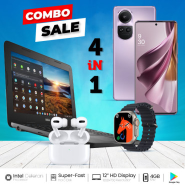 4 In 1 Bundle Offer, R10 Smart Phone, Dell Chromebook, 4GB Ram, With Play Store, Series Plus Smart Watch, Ear 3 Wireless Bluetooth Dual Earpods, DR10