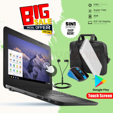 5 In 1 Bundle Offer, Dell Chromebook, 4GB Ram, Play Store, 360° Touchscreen, Bluetooth, Webcam, Google Play, Chrome OS, With Laptop Bag, Power Bank, Mouse, Headset, B3189