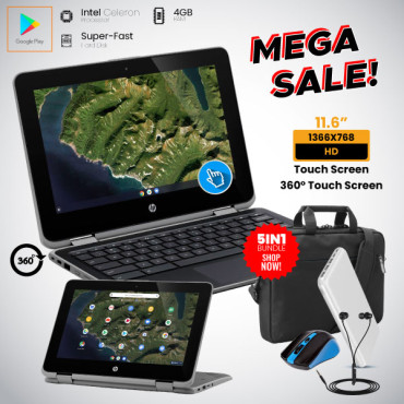 5 In 1 Bundle Offer, HP Chromebook 4GB Ram, 32 GB, Play Store, 360° Touchscreen, , 4GB Ram, With Play Store, Laptop Bag, Power Bank, Mouse, Headset, HG2
