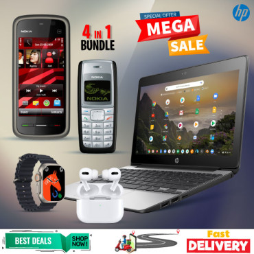 5 In 1 Limited Bundle Offer, HP G5 Chromebook, 4GB Ram, With Play Store, Nokia 5230, Nokia 1110, I7 Plus Smart Watch, Ear 3 Wireless Bluetooth Dual Earpods, N6