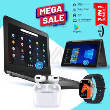 3 In 1 Bundle Offer, Dell Chromebook, 4GB Ram, Play Store, 360° Touchscreen, Bluetooth, Webcam, Google Play, Chrome OS, With I7 Plus Smart Watch, Ear 3 Wireless Bluetooth Dual Earpods, S3189