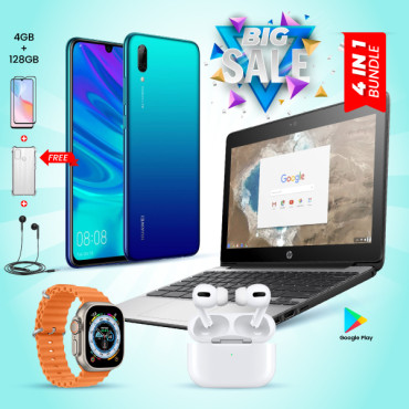 4 In 1 Combo Limited Offer, Huawei Y7Pro, 4GB, 128 GB,Dual Sim, Dual Cam,6.26 Inch,HP G6 Chromebook, 4GB Ram, With Play Store, With I7 Plus Smart Watch, Ear 3 Wireless Bluetooth Dual Earpods, G60