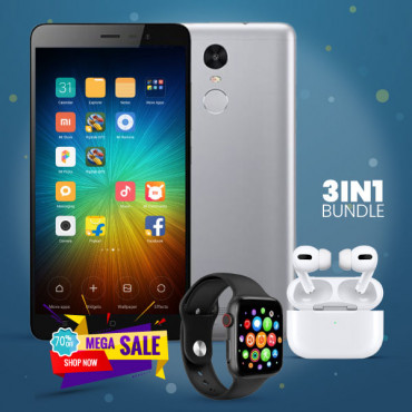 3 In 1 Combo, Redmi Note 3 Dual SIM 32GB 3G LTE, 5.5 Inch, Fingerprint Unlock, I7 Plus Smart Watch, Air Pro 3 Bluetooth In-Ear Earbuds, N30