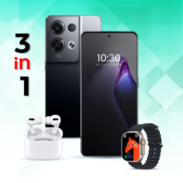 3 In 1 Offer, Reno Smartphone, Smart Watch, AirPods, QR10