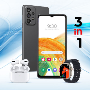 3 In 1 Offer, A73 Smartphone, Smart Watch, AirPods, QA73