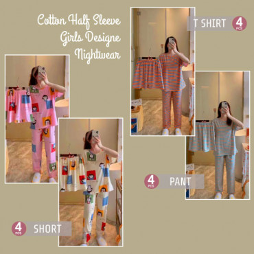 12 Pcs Pcs Cotton Half Sleeve Girls Designer Nightwear 4 Set T Shirt, 4 Set Pant, With 4 Set short, N60