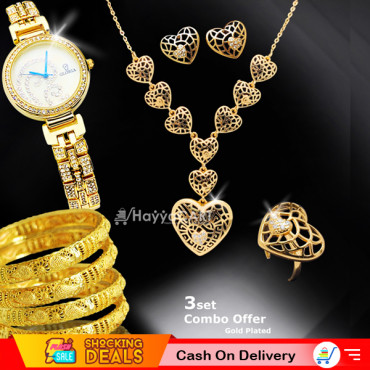 3 In 1 Combo Offer, Milano Fashionable Gold Plated Crystal Stone Necklace Set, 4 Pcs Gold Plated Bangles, Stylish Analog Stone Watch, ML62