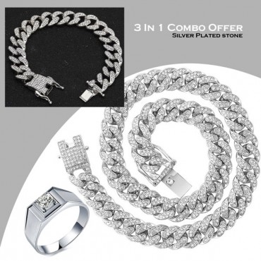 3 In 1 Combo Offer, Heavy High Quality Hip Hop Silver Plated stone Chain, Bracelet, Ring, S101