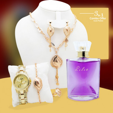 3 In 1 Combo Offer, Milano Gold Plated Multi Design Elegant Necklace, Earrings, Bracelet, Ring, Jewellery Set,athletique Hot Collection Perfume, Stylish Analog Watch, F12