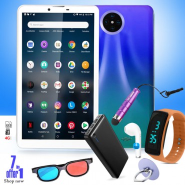 7 In 1 Combo, C idea CM422 7 inch Dual Sim 2GB RAM 16GB ROM Android 4G LTE Tablet 2000 mAh Power Bank,  Single AirPod, Finger Holder, Touch Pen, 3D Spectacle and LED Watch, CM422